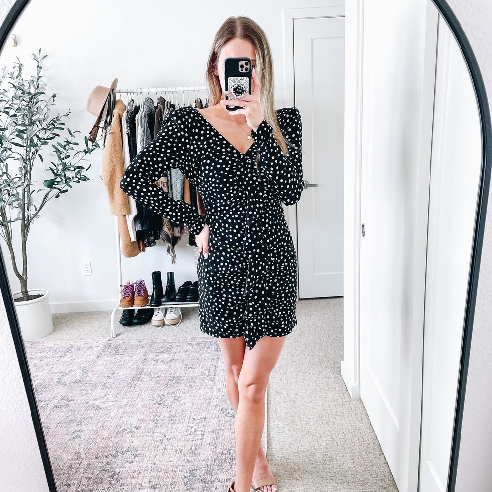 LIKELY Corinne‎ Black & White Polka Dot Ruffle Long Sleeve Mini Dress 0
